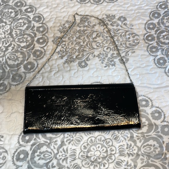 Vegan clutch black patent, like chrome, trim, pink satin interior - Picture 5 of 14